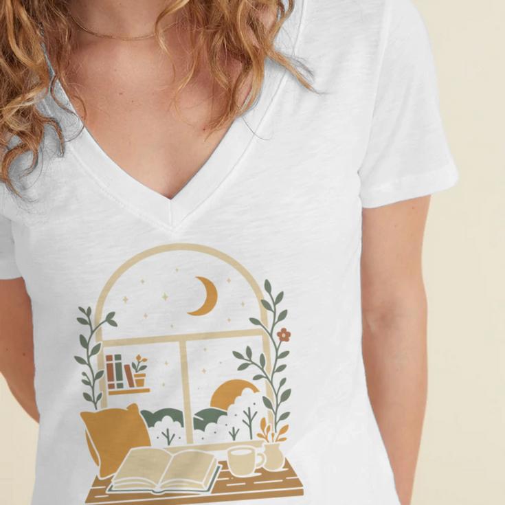 Book Lover Moonlight Reading Scene Night Women's Jersey Short Sleeve Deep V-Neck Tshirt Book Lover Moonlight Reading Scene Night Women's Jersey Short Sleeve Deep V-Neck Tshirt