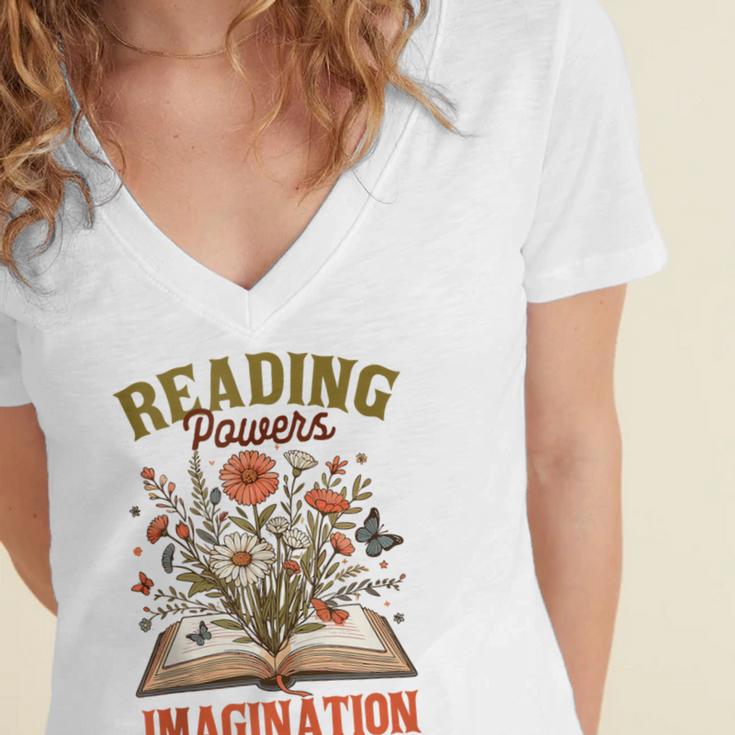 Book Lover Reading Bookish Floral Reading Powers Imagination Women's Jersey Short Sleeve Deep V-Neck Tshirt