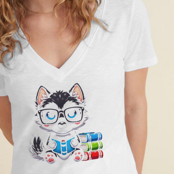Book Lover Reading Husky Dog Women's Jersey Short Sleeve Deep V-Neck Tshirt