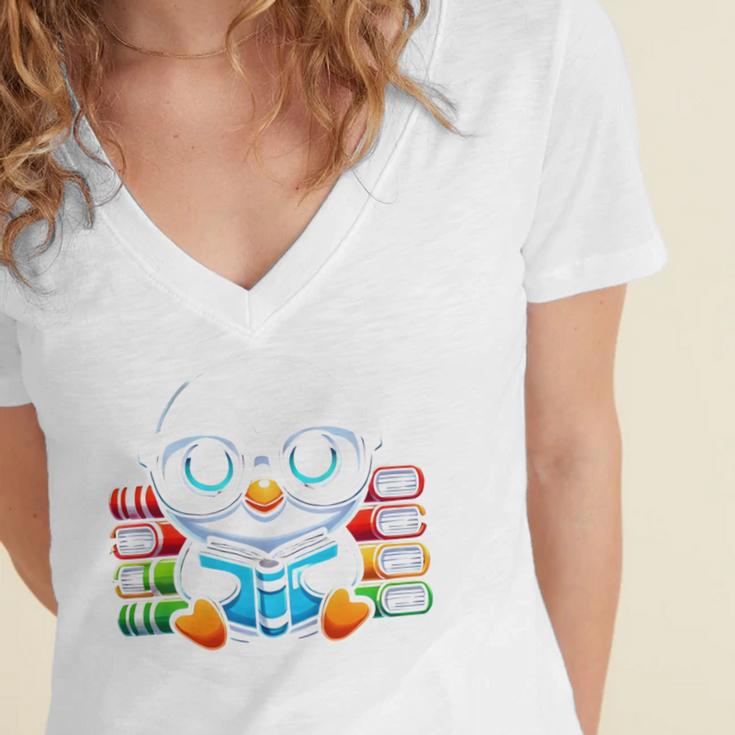 Book Lover Reading Penguin Women's Jersey Short Sleeve Deep V-Neck Tshirt