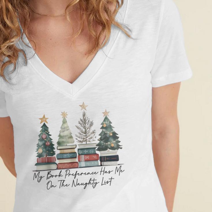 My Book Preference Has Me On The Naughty List Christmas Tree Women's Jersey Short Sleeve Deep V-Neck Tshirt
