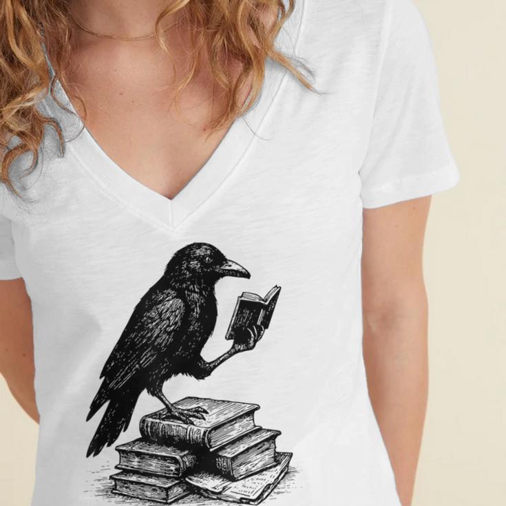 Book Raven Vintage Dark Academia Literature Reading Women's Jersey Short Sleeve Deep V-Neck Tshirt Book Raven Vintage Dark Academia Literature Reading Women's Jersey Short Sleeve Deep V-Neck Tshirt