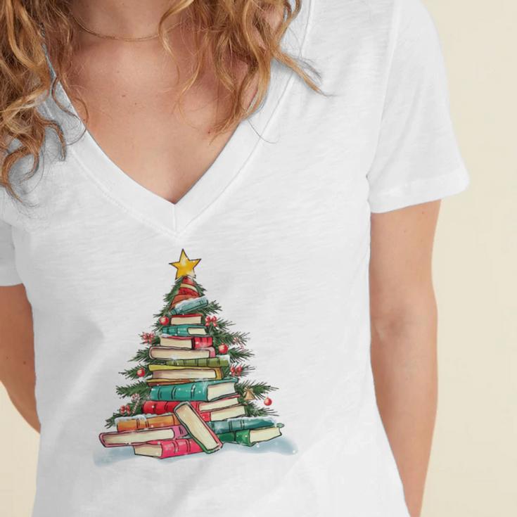 All Booked For Christmas Book Christmas Tree Lights Xmas Women's Jersey Short Sleeve Deep V-Neck Tshirt