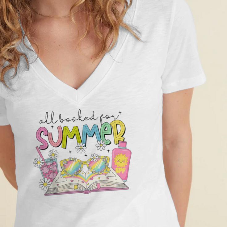 All Booked For Summer Reading Beach Floral Bookish Book Girl Women's Jersey Short Sleeve Deep V-Neck Tshirt
