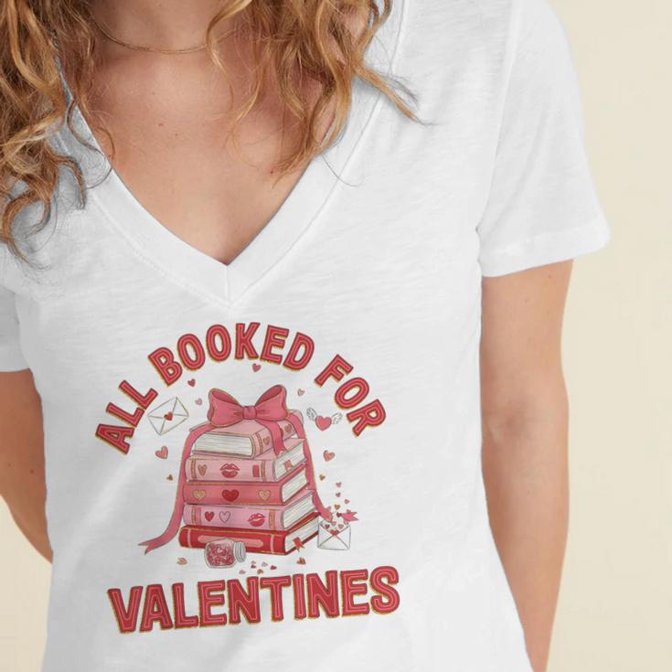 All Booked For Valentines Bow Heart Book Lover Valentine Day Women's Jersey Short Sleeve Deep V-Neck Tshirt