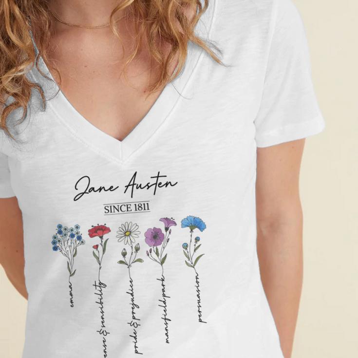 Bookish Feminist Jane Austen Fan Jane Austen Flower Books Women's Jersey Short Sleeve Deep V-Neck Tshirt