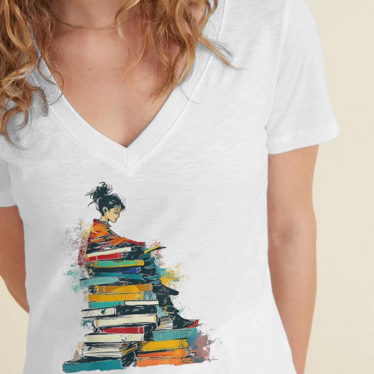 Books Abstract Artist Women Art Painting Books Women's Jersey Short Sleeve Deep V-Neck Tshirt