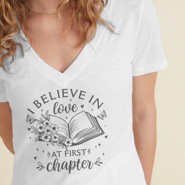 Books I Believe In Love At First Chapter Book Lover Women's Jersey Short Sleeve Deep V-Neck Tshirt