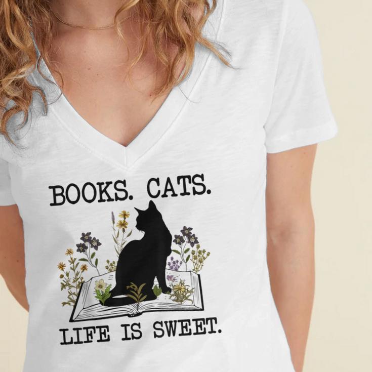 Books Cats Life Is Sweet Cat Book Lover Men Women Teen Women's Jersey Short Sleeve Deep V-Neck Tshirt Books Cats Life Is Sweet Cat Book Lover Men Women Teen Women's Jersey Short Sleeve Deep V-Neck Tshirt