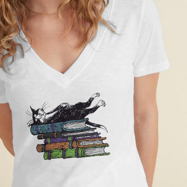 Books Cats Life Is Sweet Cats Books Lover Men Women Women's Jersey Short Sleeve Deep V-Neck Tshirt
