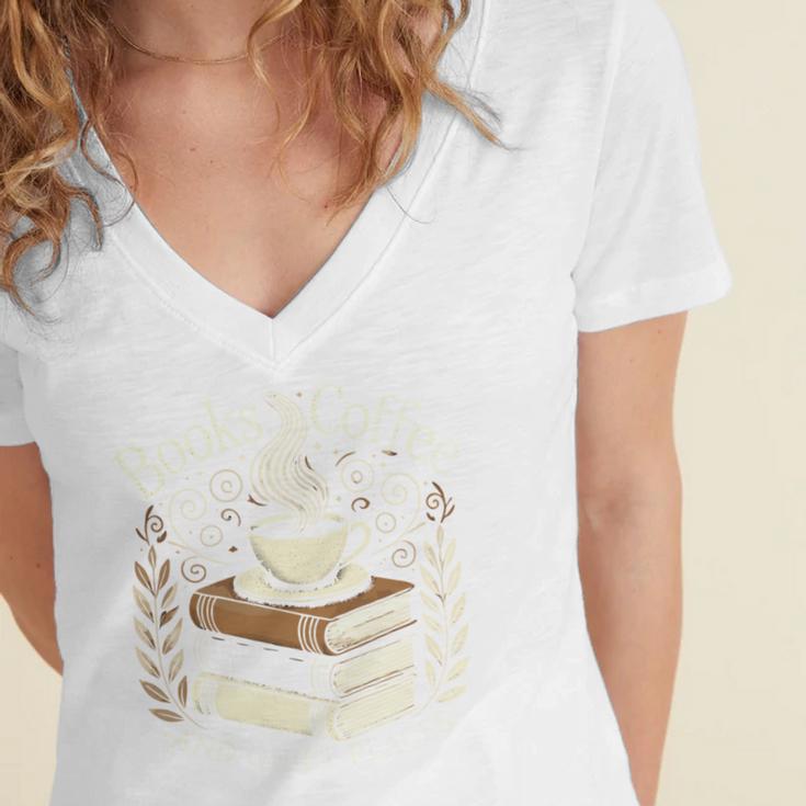 Books Coffee And Quiet Places Literature Women's Jersey Short Sleeve Deep V-Neck Tshirt