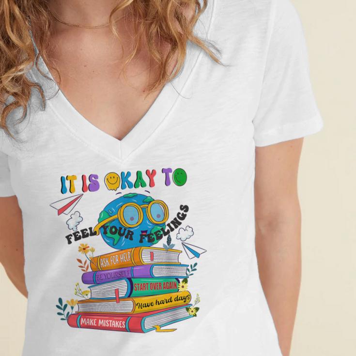 Books It's Okay To Be Kind Yellow Mental Health Day Kids Women's Jersey Short Sleeve Deep V-Neck Tshirt