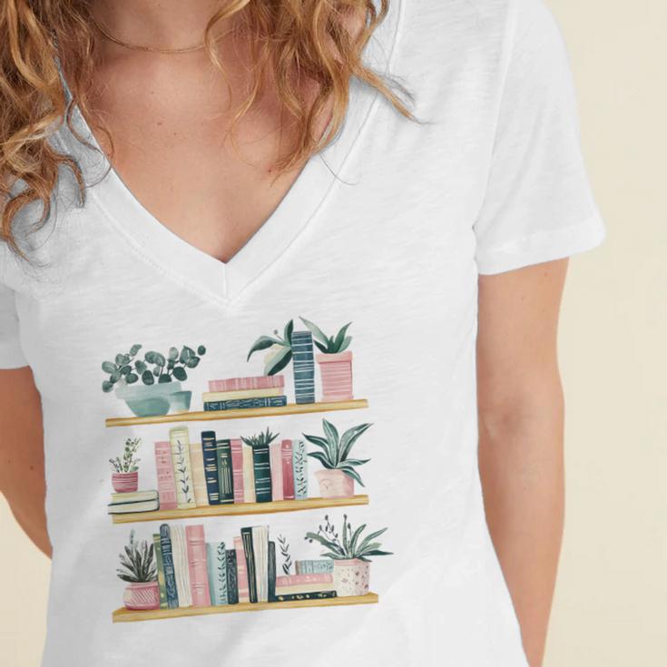 Bookshelves With Books & Plants Premium Women's Jersey Short Sleeve Deep V-Neck Tshirt