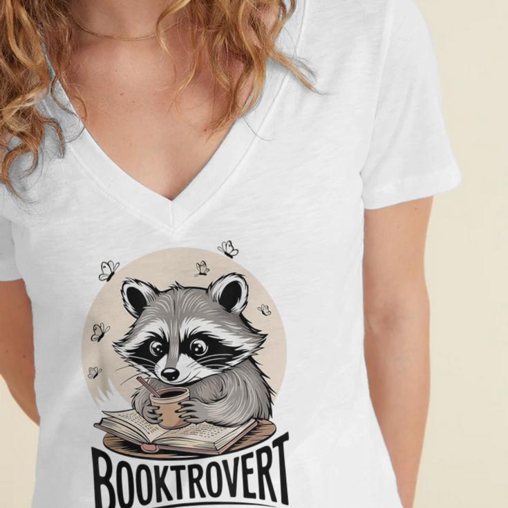 Booktrovert Raccoon Reading And Coffee For Book Lover Women's Jersey Short Sleeve Deep V-Neck Tshirt Booktrovert Raccoon Reading And Coffee For Book Lover Women's Jersey Short Sleeve Deep V-Neck Tshirt