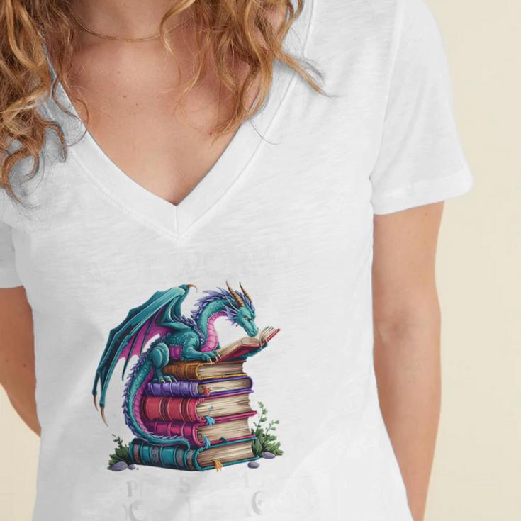 Bookworm Please I'm A Book Dragon Blue Dragon Women's Jersey Short Sleeve Deep V-Neck Tshirt