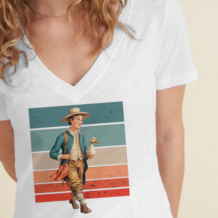Boy Goose Vintage Rural Pastoral Charm Nostalgia Simple Life Women's Jersey Short Sleeve Deep V-Neck Tshirt