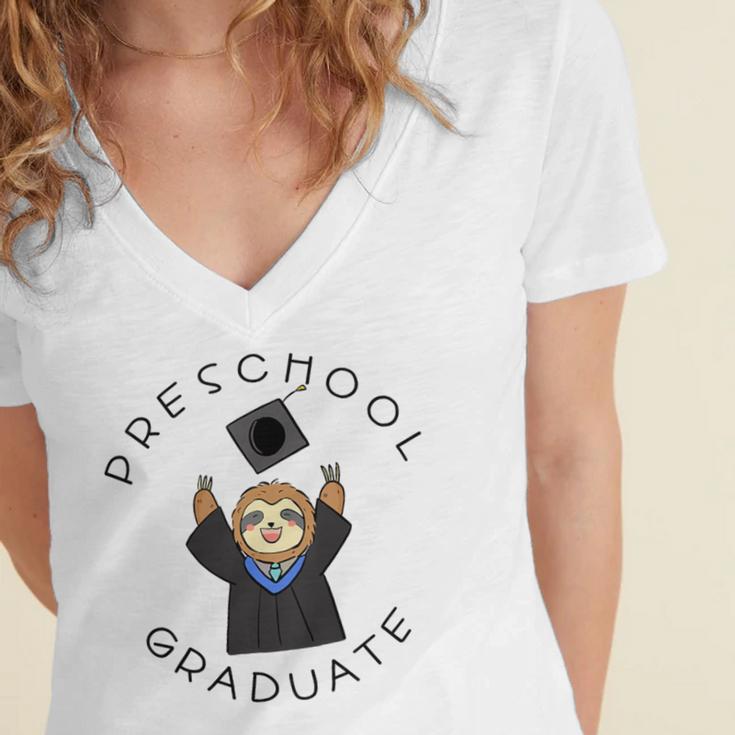 Boys Girls Preschool Graduate Sloth Graduation Cap Women's Jersey Short Sleeve Deep V-Neck Tshirt