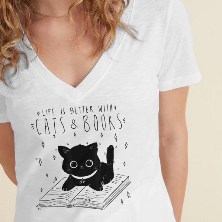 Cat Book For Women Life Is Better With Cats And Books Women's Jersey Short Sleeve Deep V-Neck Tshirt