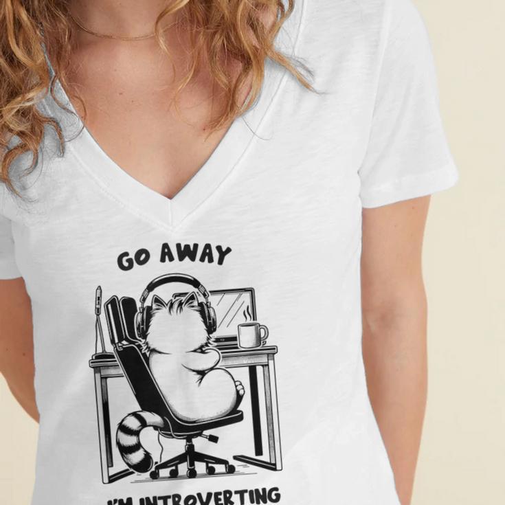 Cat With Coffee On Computer Go Away I'm Introverting Women's Jersey Short Sleeve Deep V-Neck Tshirt