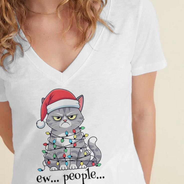 Cat Ew People Adult Humor Introvert Anti-Social Women's Jersey Short Sleeve Deep V-Neck Tshirt