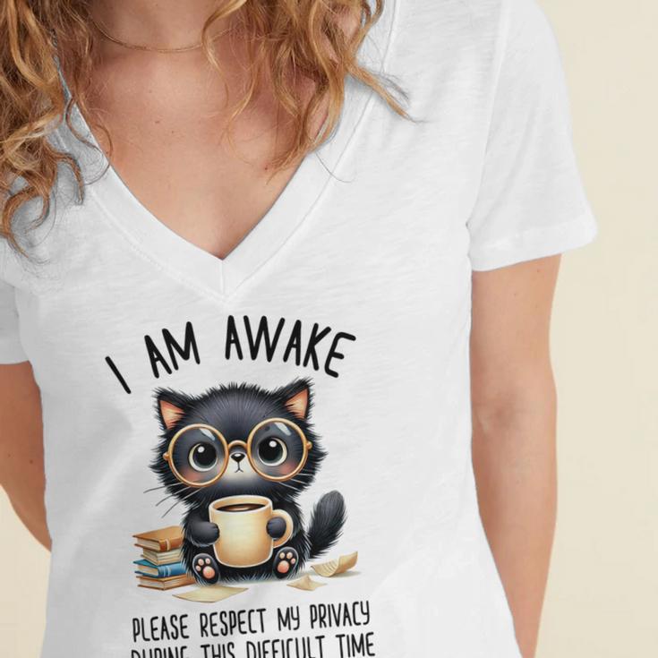 Cat Glasses Coffe Books I Am Awake Please Respect My Privacy Women's Jersey Short Sleeve Deep V-Neck Tshirt Cat Glasses Coffe Books I Am Awake Please Respect My Privacy Women's Jersey Short Sleeve Deep V-Neck Tshirt