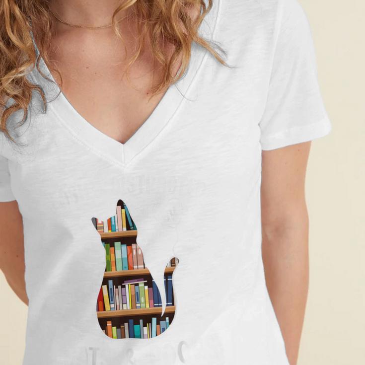 Cat Lover Tee Women Book Lover Reading Librarian Read Women's Jersey Short Sleeve Deep V-Neck Tshirt
