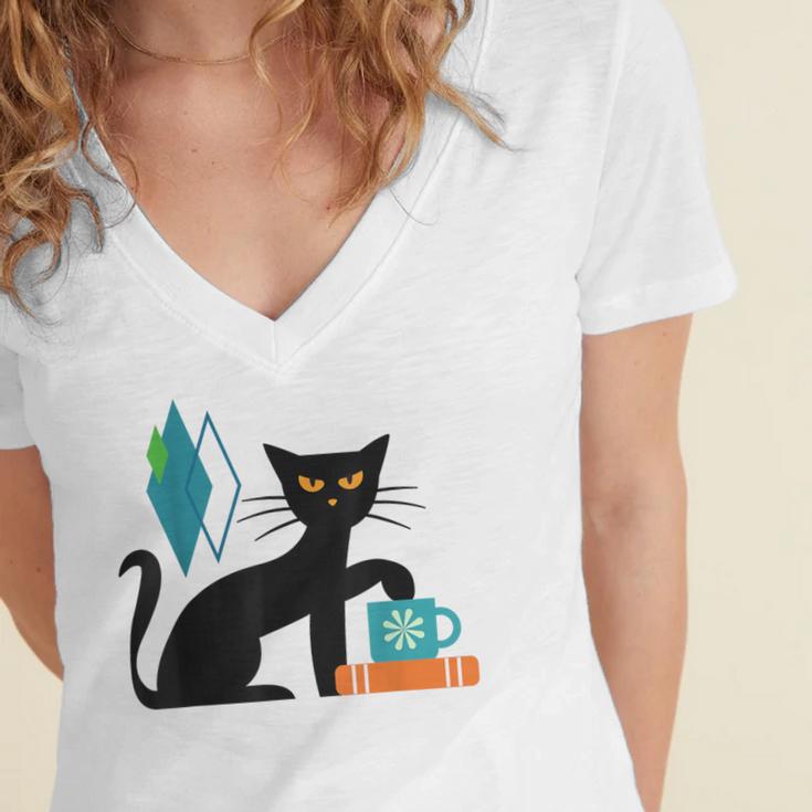 Cat Midcentury With Book And Coffee Atomic Age Mid Century Women's Jersey Short Sleeve Deep V-Neck Tshirt
