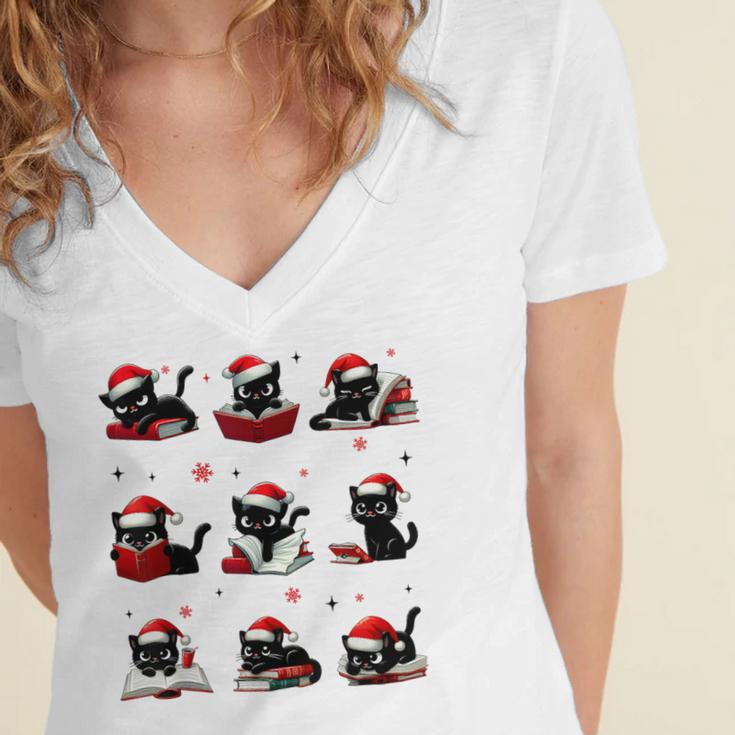 Cat Reading Books Lover Christmas Cat Lover Xmas Women's Jersey Short Sleeve Deep V-Neck Tshirt