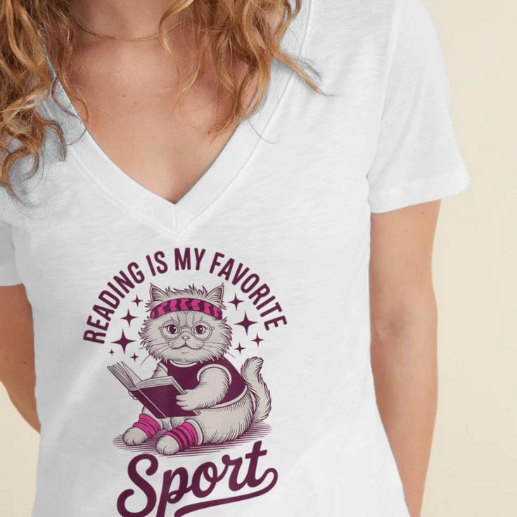Cat Reading Is My Favorite Sport Retro Book Lover Women's Jersey Short Sleeve Deep V-Neck Tshirt Cat Reading Is My Favorite Sport Retro Book Lover Women's Jersey Short Sleeve Deep V-Neck Tshirt