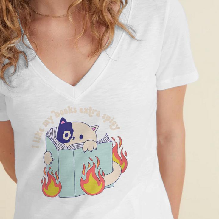 Cat Reading a Romance BookI Like My Books Extra Spicy Women's Jersey Short Sleeve Deep V-Neck Tshirt