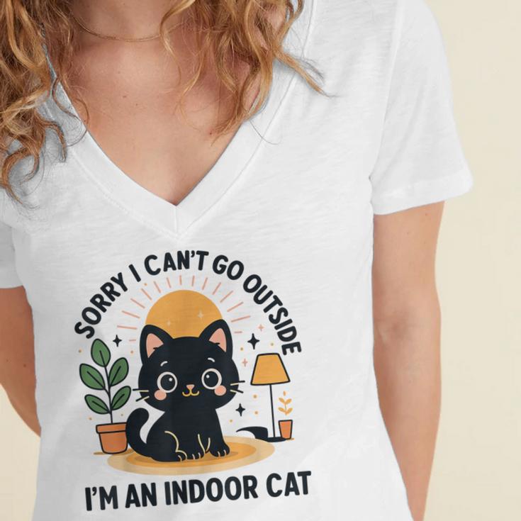 Cat Shirt Introvert Sorry I Can’t Go I’m An Indoor Cat Women's Jersey Short Sleeve Deep V-Neck Tshirt