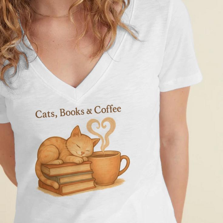 Cats Books And Coffee Heart Cozy Cat Lover Bookworm Readers Women's Jersey Short Sleeve Deep V-Neck Tshirt