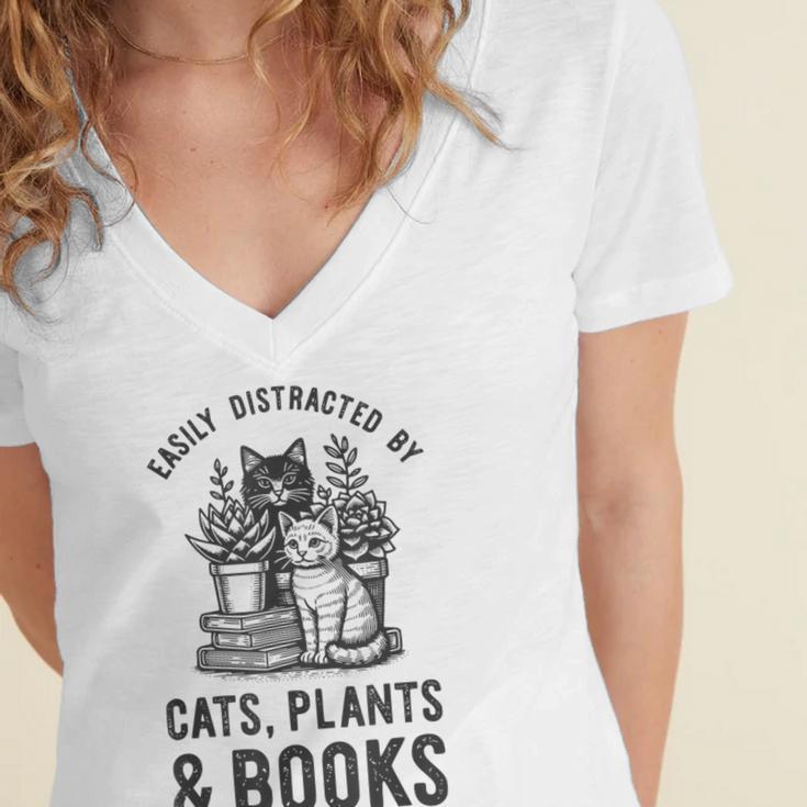Cats Plants And Books Shirt Plant Lover Gardening Women's Jersey Short Sleeve Deep V-Neck Tshirt
