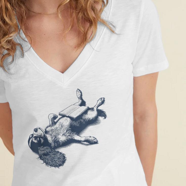 Cavalier King Charles Spaniel Book Nap Vintage Dog Mom Dad Women's Jersey Short Sleeve Deep V-Neck Tshirt