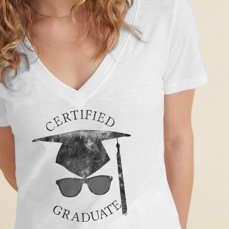 Certified Graduate Vintage Mortarboard Graduation Women's Jersey Short Sleeve Deep V-Neck Tshirt