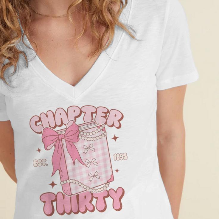 Chapter Thirty Est 1995 Cute 30th Birthday Book Bow Coquette Women's Jersey Short Sleeve Deep V-Neck Tshirt