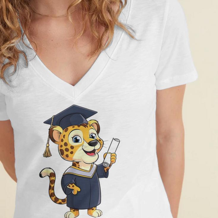 Cheetah Graduation Cute Kindergarten Elementary High School Women's Jersey Short Sleeve Deep V-Neck Tshirt