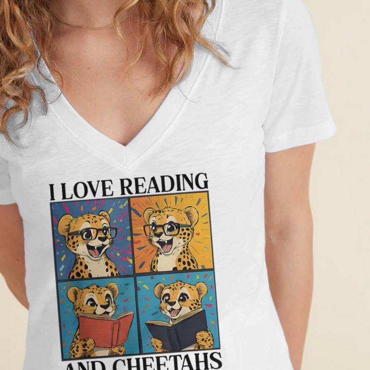 Cheetah Love Reading And Cheetahs Kids Bookworm Women's Jersey Short Sleeve Deep V-Neck Tshirt Cheetah Love Reading And Cheetahs Kids Bookworm Women's Jersey Short Sleeve Deep V-Neck Tshirt