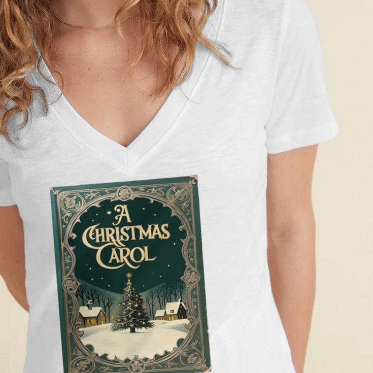 A Christmas Carol Book Cover By Charles Dickens Women's Jersey Short Sleeve Deep V-Neck Tshirt A Christmas Carol Book Cover By Charles Dickens Women's Jersey Short Sleeve Deep V-Neck Tshirt