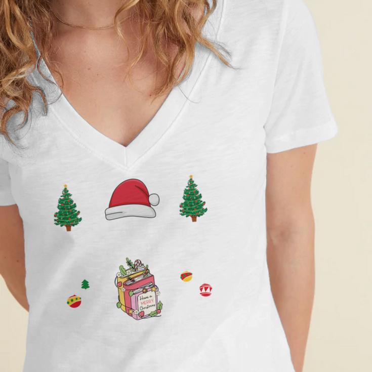 Christmas Tee Most Likely To Read A Book On Christmas Women's Jersey Short Sleeve Deep V-Neck Tshirt