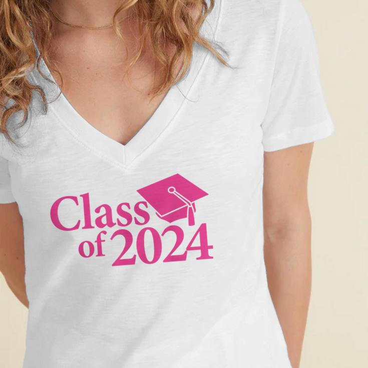 Class Of 2024 Pink For Girls And Women Graduation Women's Jersey Short Sleeve Deep V-Neck Tshirt