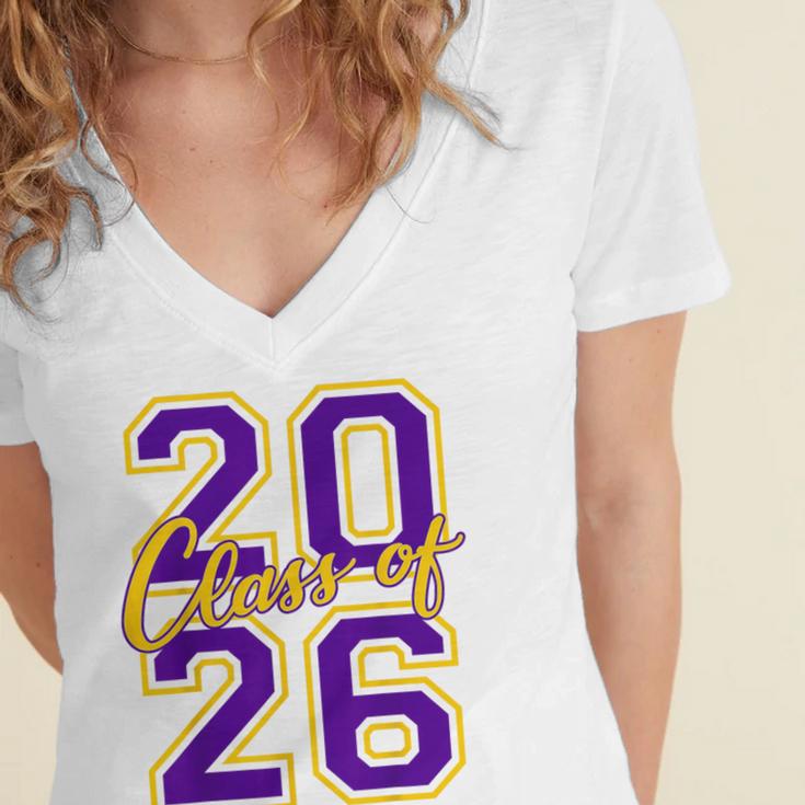 Class Of 2026 Graduation Varsity Purple And Yellow Letters Women's Jersey Short Sleeve Deep V-Neck Tshirt