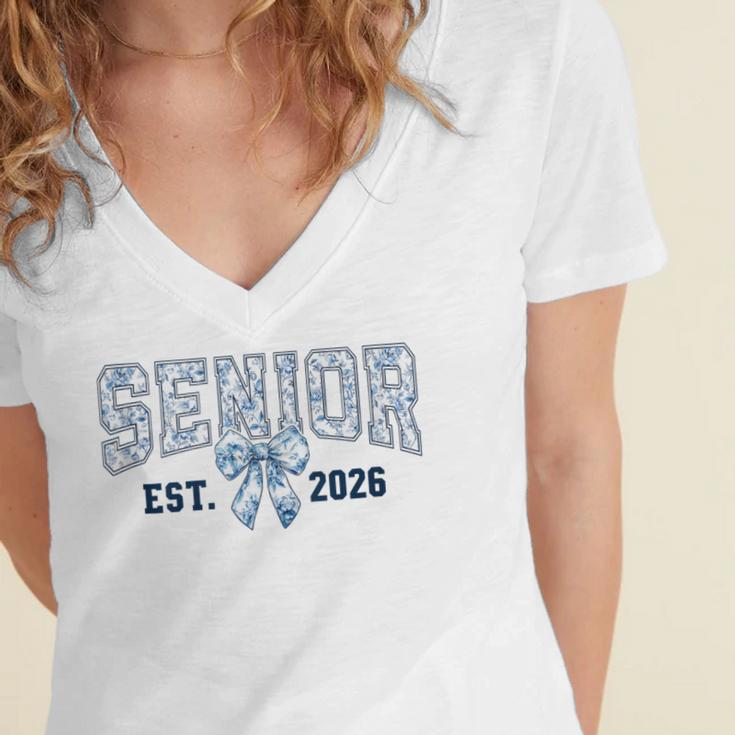 Class Of 2026 Senior 26 Coquette Bow Toile Preppy Graduation Women's Jersey Short Sleeve Deep V-Neck Tshirt