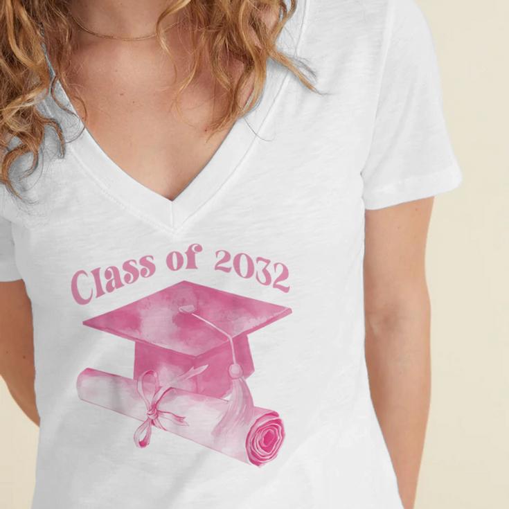Class Of 2032 Senior 2032 Back To School 2032 Graduation Cap Women's Jersey Short Sleeve Deep V-Neck Tshirt