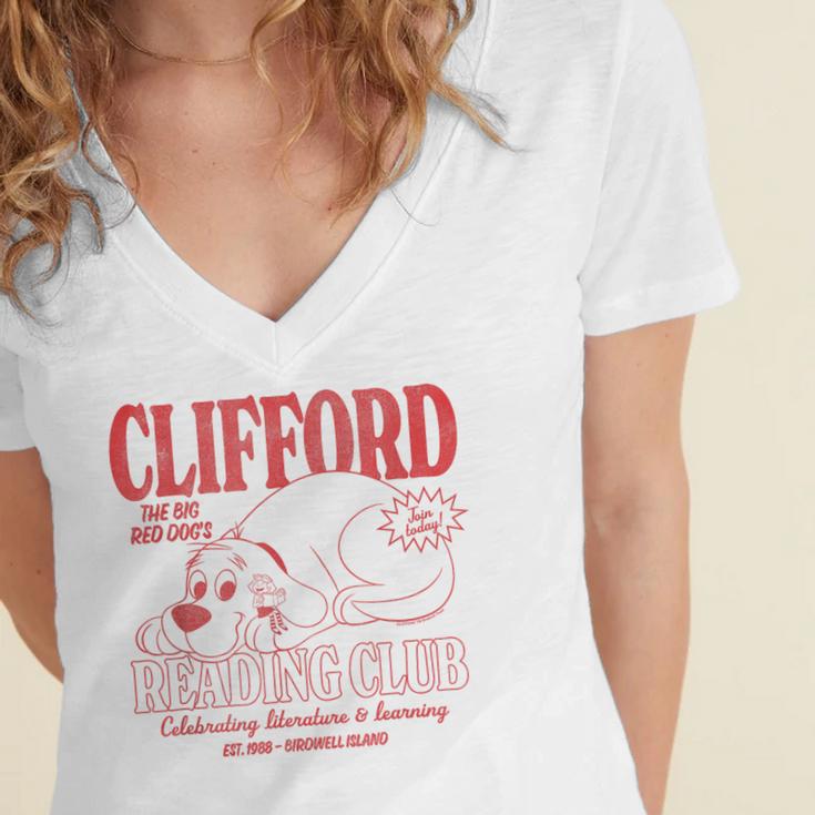 Clifford The Big Red Dog Reading Club Est 1988 Kids Books Women's Jersey Short Sleeve Deep V-Neck Tshirt Clifford The Big Red Dog Reading Club Est 1988 Kids Books Women's Jersey Short Sleeve Deep V-Neck Tshirt