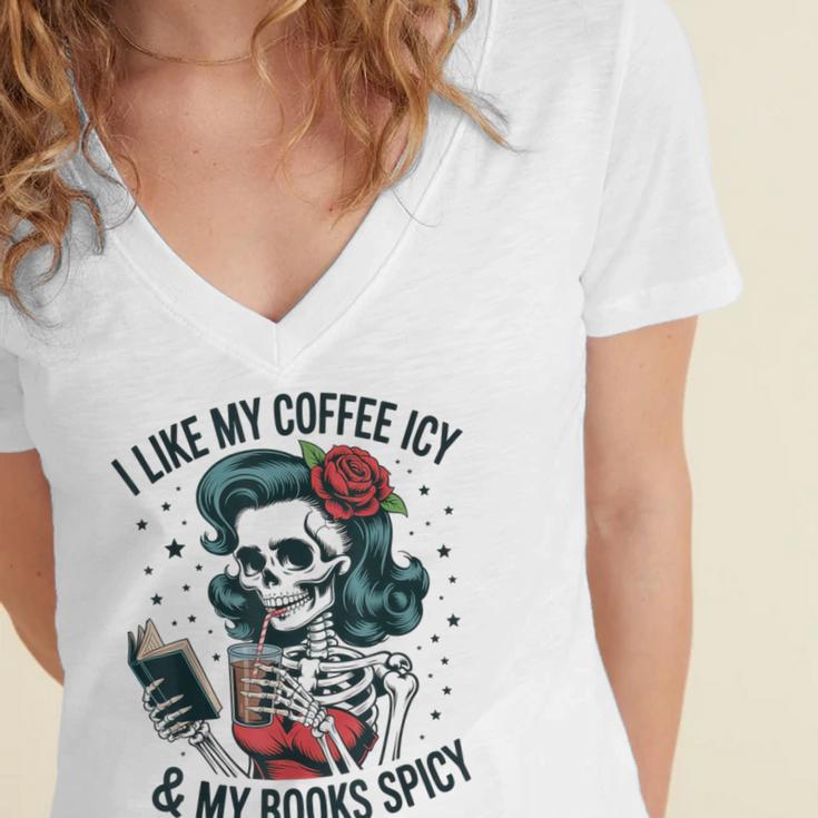 I Like My Coffee ICY & My Books Spicy For Book Lovers Women's Jersey Short Sleeve Deep V-Neck Tshirt I Like My Coffee ICY & My Books Spicy For Book Lovers Women's Jersey Short Sleeve Deep V-Neck Tshirt