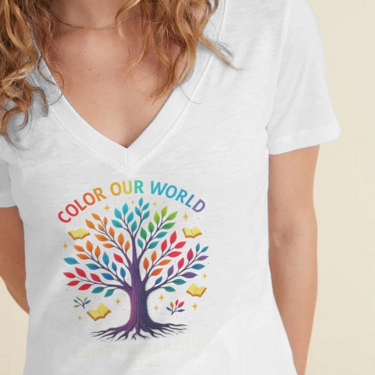 Color Our World Summer Reading Program 2025 Trippy Book Tree Women's Jersey Short Sleeve Deep V-Neck Tshirt