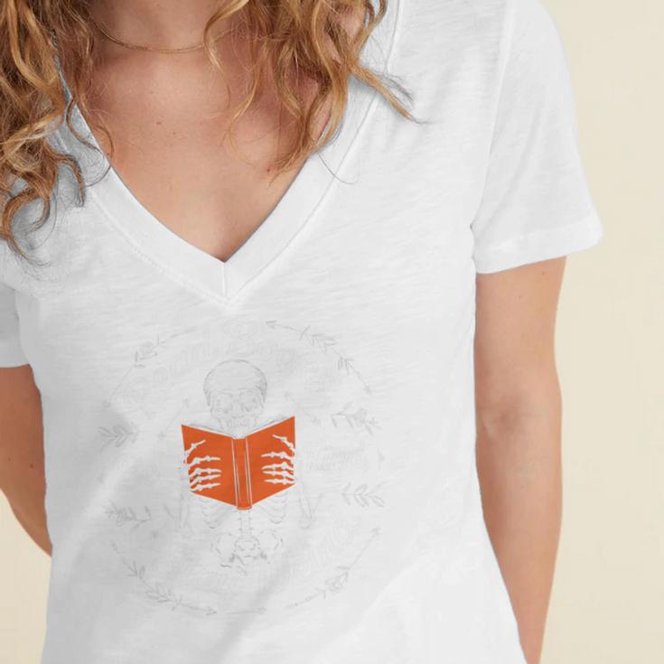 Cool Read Books Be Kind Stay Weird Skeleton Reading Women's Jersey Short Sleeve Deep V-Neck Tshirt