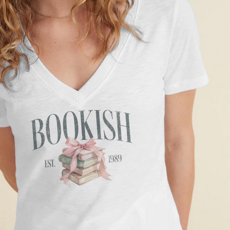Coquette Bow Book Lover Bookish Coquette Aesthetic Reading Women's Jersey Short Sleeve Deep V-Neck Tshirt