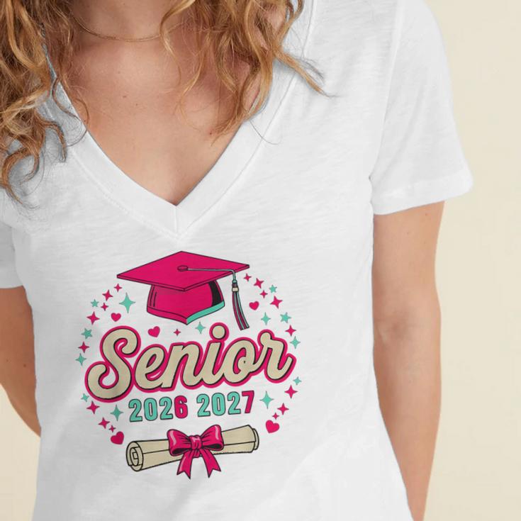 Coquette Pink Bow Senior 2026 2027 Graduation Women's Jersey Short Sleeve Deep V-Neck Tshirt